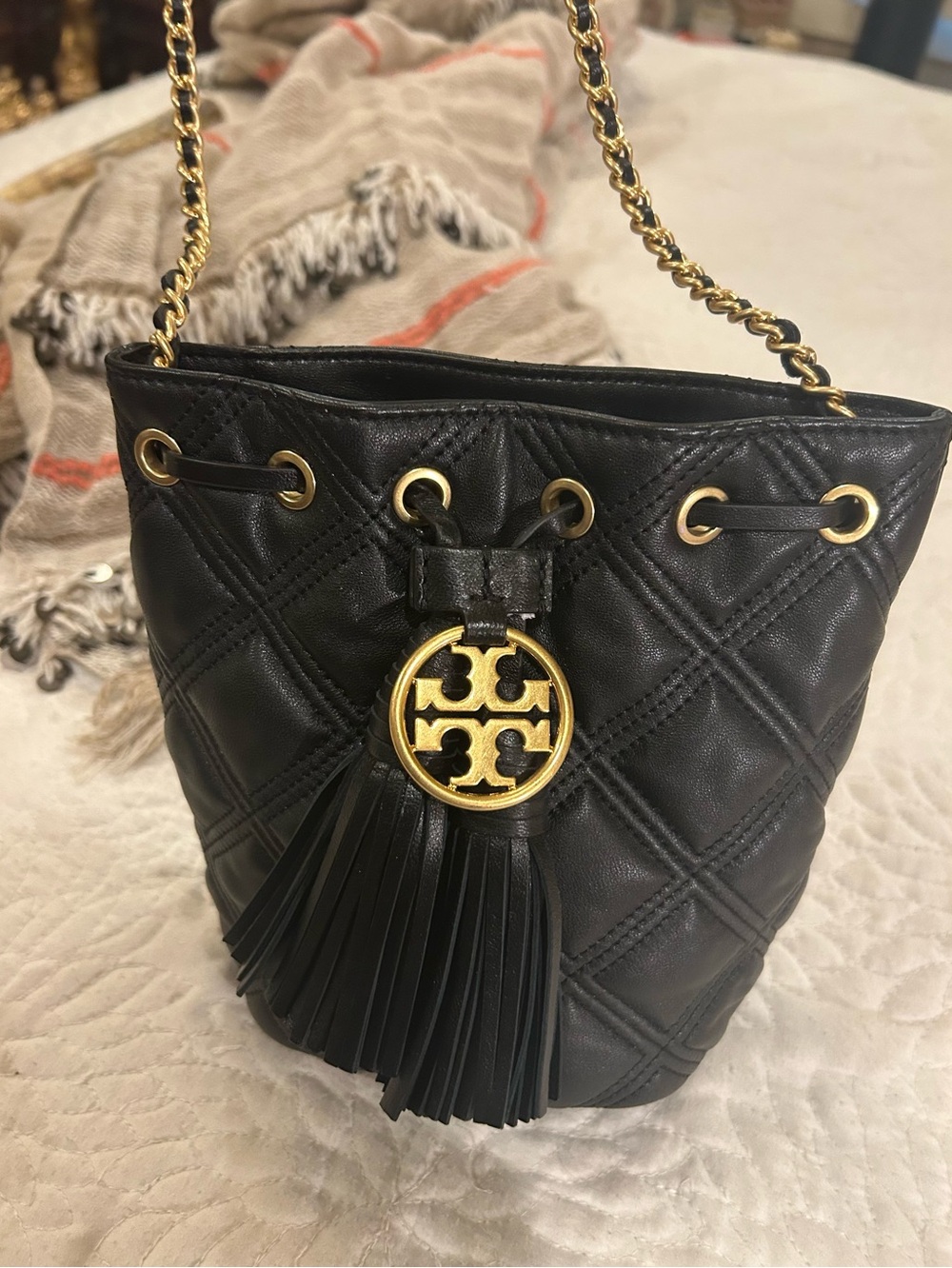 Tory Burch Flemming Mini Black Quilted Leather Bucket Bag with Tassels - Picture 7 of 14